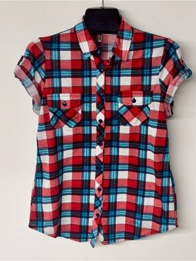 Forever 21 Red and Blue Plaid Cuffed Sleeve Button-Down Flannel Shirt - SZ Small